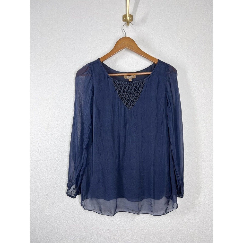 Carla Conti Navy Silk Top Small S Crochet Neck Sheer Sleeves Italy